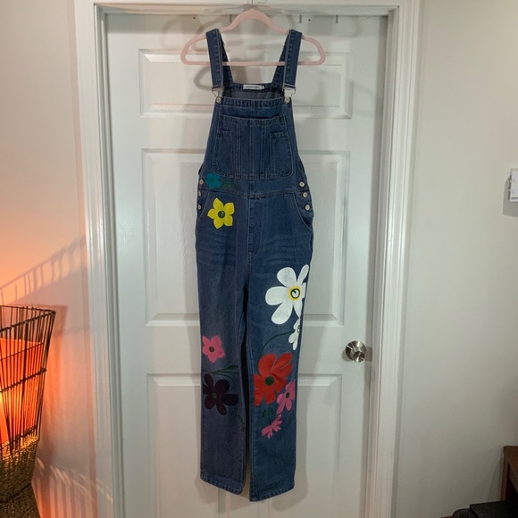 Miss Look Painted Flowers Denim Boho Overalls Size Medium - Picture 14 of 14